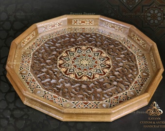Handmade Wooden Tray, Large Octagonal Carved Tray Inlaid with pearl, Geometric Marquetry Tray, Mosaic Tray, Decorative Serving Tray