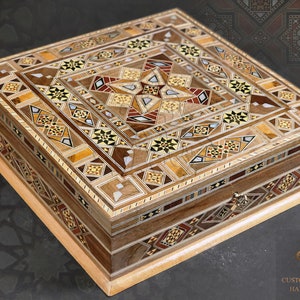 Large Square Jewelry Wooden Box / Handmade Mosaic Box Inlaid with Pearl / Marquetry, Ornaments Storage Box with key padded in red Velvet