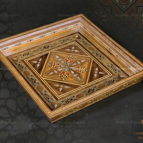 Wooden Handmade Tray / Small wood Square Trays, Handmade Marquetry Tray, Mosaic Tray, Decorative Serving Trays.