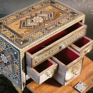 Big Jewelry Organizer Box with drawers / Luxury Handmade Decorated Box -  Marquetry, Ornaments Storage Box with key padded in red Velvet