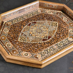 Handmade wide Wooden Tray, Rectangle Carved Big Tray Inlaid with pearl, Geometric Marquetry Tray, Mosaic Tray, Decorative Serving Tray