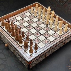 Handmade Wooden Chess Board with drawer, Chess set Mosaic Inlay with mother of Pearl, Chess Set with Hand Carved Pieces, Wooden Chess Pieces
