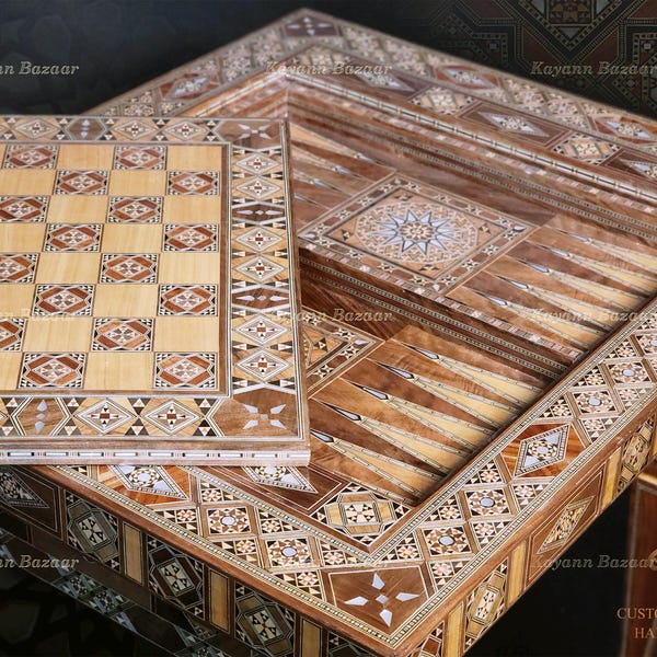 Luxury Wooden Chess and Backgammon Table with drawer / Handmade Backgammon Board Wood Mosaic Table Inlay in mother of Pearl/ Chess Table Set