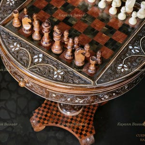 Luxury Solid Walnut Wooden Chess table with drawer / Handmade Chess Inlaid mother of Pearl/ Hand Carved Chess with Pieces, Wood Chess Pieces