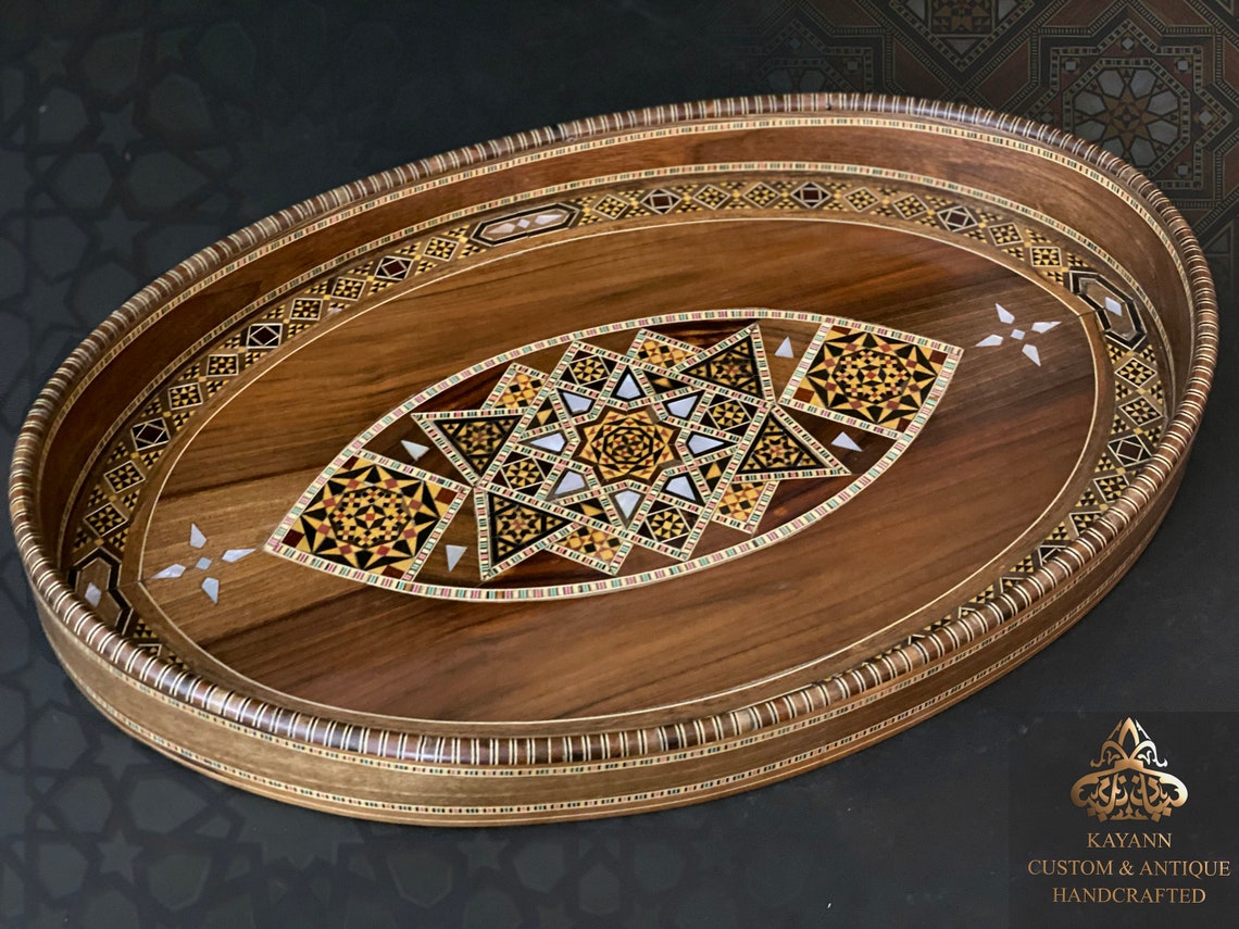 Oval Shaped Decorative Wooden Hand-printed Tray main image 0