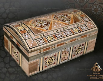 Luxury Wooden Jewelry Box /  Handmade Mosaic Inlaid with Mother of Pearl / Marquetry - Ornaments Storage Box with key padded in red Velvet.