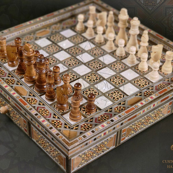 Luxury Wooden Chess Board with drawer / Chess Set Handmade Mosaic Inlay with Pearl/ Chess Set with Hand Carved Pieces, Wooden Chess Pieces