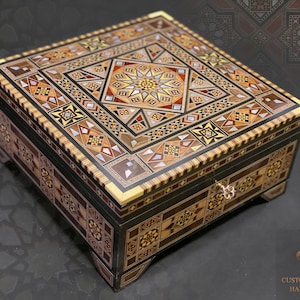 2 layers Jewelry Wooden Box / Handmade Mosaic Box Inlaid with Pearl / Marquetry, Ornaments Storage Box with key padded in red Velvet