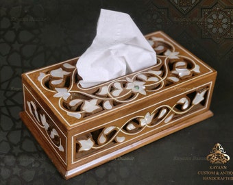 Wooden Tissue Box / Hand Carved Wood tissues Box Inlaid with mother of pearl - Rectangular Tissue Cover Holder, Unique Walnut tissue box