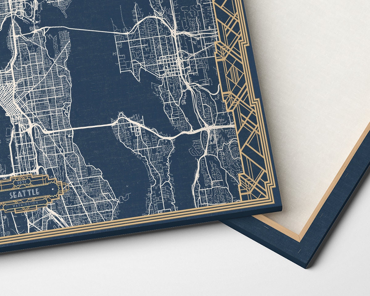 SEATTLE Washington Canvas ArtDecoCanvasMaps Map Blue Art Deco Etsy