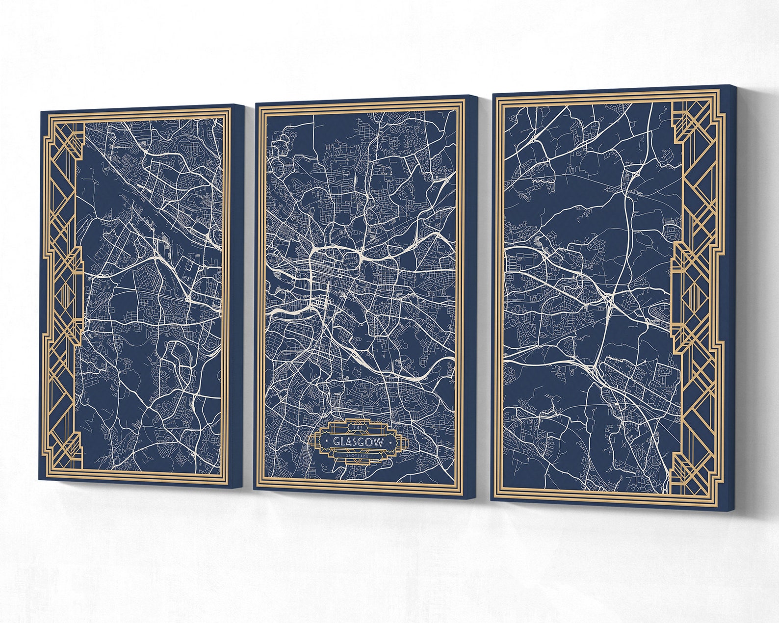 GLASGOW Scotland Canvas Print Map Large Art Deco 3 Panel Etsy