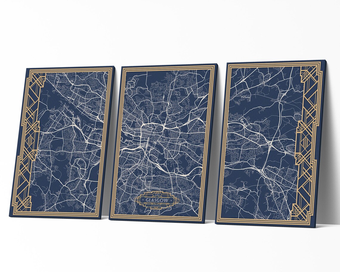 GLASGOW Scotland Canvas Print Map Large Art Deco 3 Panel Etsy