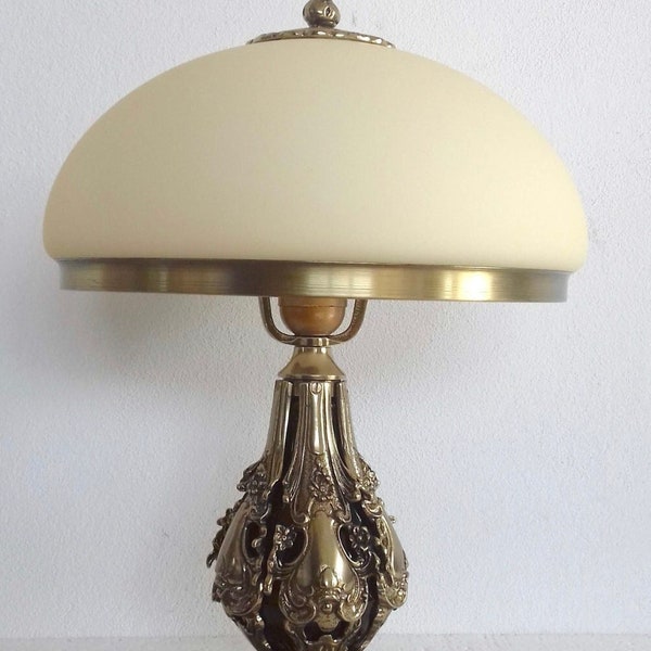 Richly Decorated Art Deco style lamp with gold look, polished brass lamp, green shade, desk lamp, office, night stand lamp