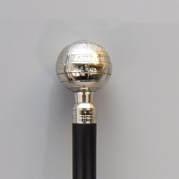 wooden walking stick with globe, cane, terrestrial globe handle, elegant gift for man