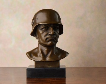 Signed Bronze Soldier Bust on Marble Base, Personalizable Military Tribute Sculpture, Ideal Gift for Soldiers and Veterans