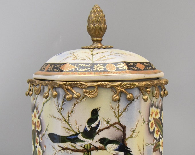 Porcelain Box With Lid, Bronze Mounted, Birds and Apple Blossom, Floral