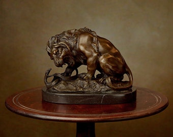 Bronze Lion and Serpent Sculpture on Marble Base, Signed Vintage Figurine, Ideal Gift, Inspired by Barye work from Louvre Museum in Paris