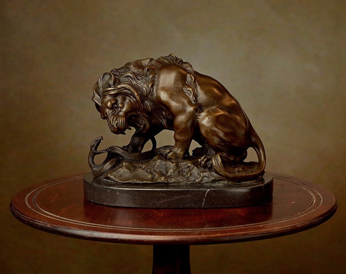 Featured listing image: Bronze Lion and Serpent Sculpture on Marble Base, Signed Vintage Figurine, Ideal Gift, Inspired by Barye work from Louvre Museum in Paris