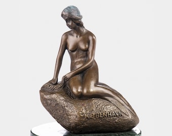 Little Mermaid from H.CH.Andersen Story, Copenhagen Mermaid, Bronze Sculpture on Green Marble Base, Vintage Figurine, Gift Idea, Mature