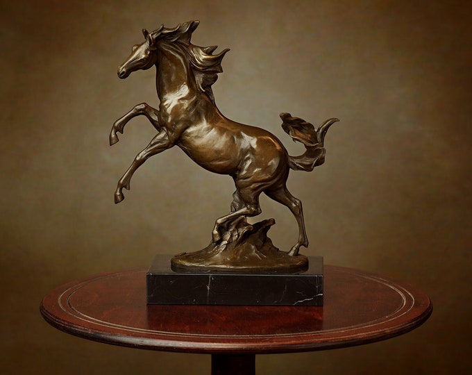 Featured listing image: Horse, Wild Stallion Bronze Sculpture on Marble Base, Vintage Figurine, Signed, Foundry Mark, Gift