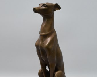 Sitting Dog Greyhound, Bronze Sculpture on Marble Base, Vintage Figurine, Gift Idea