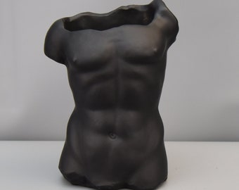 Male Torso Black, Naked Man Container, Concrete Flower Planter For Home, Handmade Sculpture Act