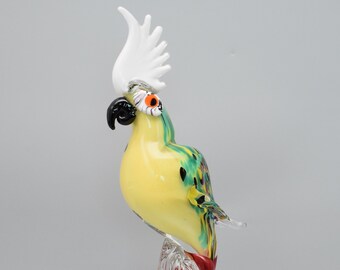 Parrot Glass Figurine, Cockatoo Parrot Statue, Murano Glass Style Sculpture, home decor