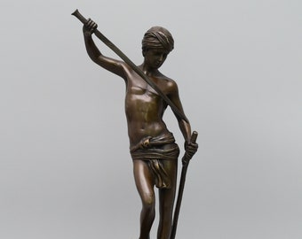 David's Victory over the Goliath, Bronze Sculpture on Marble Base, Vintage Figurine, Gift Idea