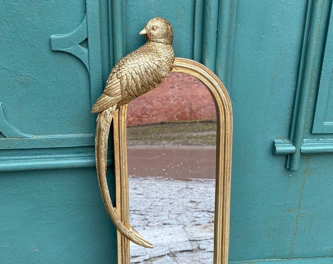 Long Oval Mirror in Golden Frame, Art Deco Style Mirror, Decorated With Bird Sculpture, Wall
