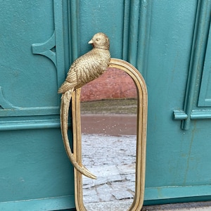 Long Oval Mirror in Golden Frame, Art Deco Style Mirror, Decorated with Bird Sculpture, Wall Decor