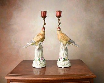Parrot-Shaped Porcelain Bronze Candleholder Set - Elegant Home Decor - Vintage Bronze Mounted Porcelain - Two Single Candlesticks with Birds