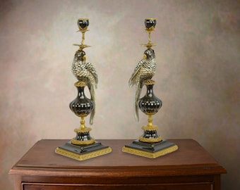 Charming Bronze-Mounted Porcelain Parrots Candlesticks, Set of Two Unique Single Candle Holders for Stylish Home Decor & Collectors