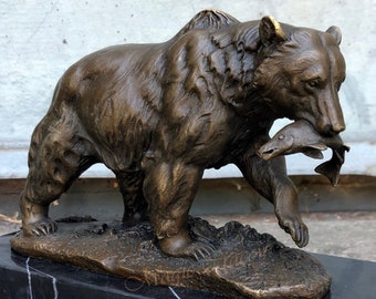 Bear with Fish, Grizzly Bear Bronze Sculpture on Marble Base, Signed, Foundry Mark, Gift