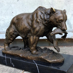 Bear with Fish, Grizzly Bear Bronze Sculpture on Marble Base, Signed, Foundry Mark, Gift