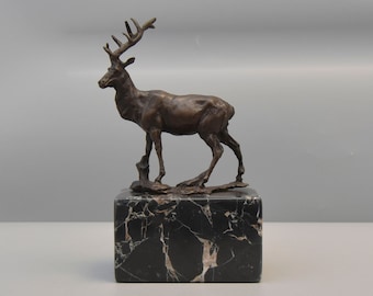 Deer Bronze Sculpture on Marble Base, Gift idea for Hunter, Hunting Decoration, Animal Bronze Figurine, Statue on Base, Home Decor