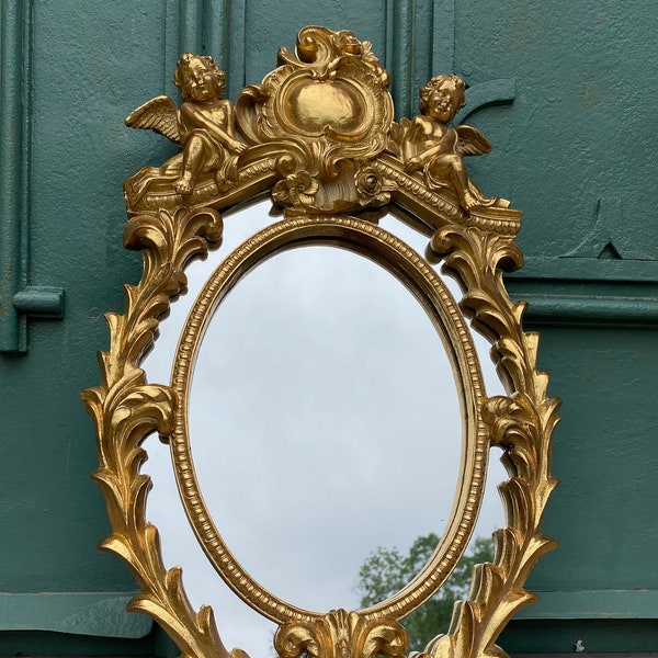 Oval Mirror in Gold Frame with Angels and Apple, Art Deco Style Mirror, Richly Decorated, Victorian Style, Wall Decor
