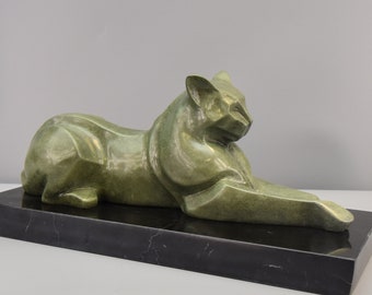 Limited Bronze! Reclining Cat, Big Bronze Sculpture on Marble Base, Modernist Sphinx, Patinated and Signed