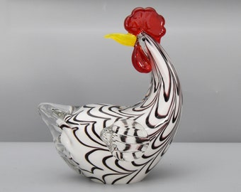 Hen, Glass Figurine, Black and White Glass, Murano Glass Style Sculpture, home decor