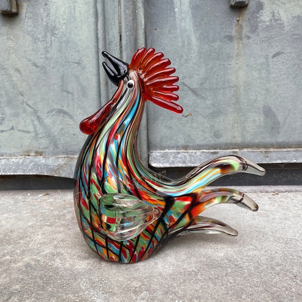 Gallo, Figurina di vetro, Vetro arcobaleno, Scultura in vetro di Murano, decorazioni per la casa