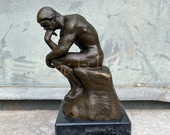 Thinker, Auguste Rodin, Bronze Sculpture on Marble Base, Vintage Figurine, Signed Statue, Gift