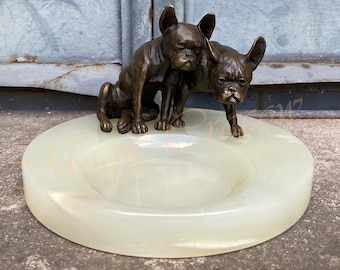 Onyx Ashtray with Bronze Sculpture of French Bulldogs, Gem Stone, Elegant Gift Idea