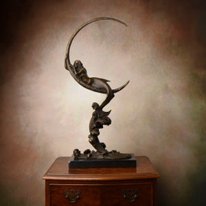 Large 25.60" Bronze Sculpture Mermaid on Half Moon, Woman Act, Figure on Marble Base, Gift Idea