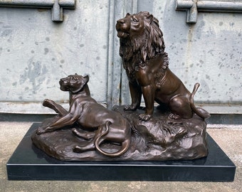 Lion and Lioness Sculpture, Bronze Vintage Figurine on Marble Base, Signed