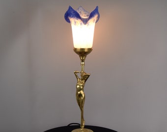 Unique Art Deco Style Lamp, Polished Brass, Flower shape lampshade, Lamp with Woman Sculpture, Night Stand Lamp