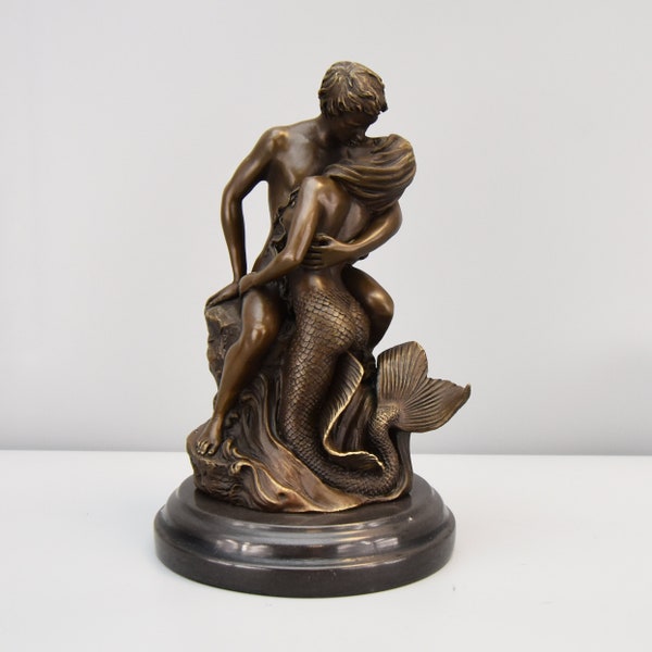 Mermaid and Lover, Bronze Sculpture on Marble Base, Lovers Figurine, Romantic Statue for Valentines Day Gift