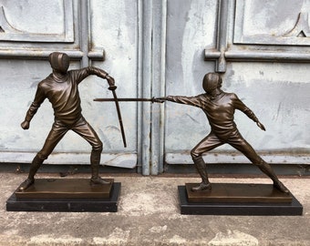 Fencers Bronze Sculptures Set on Marble Base, Men Fight, Vintage Figurine, Signed Statue, Foundry Mark