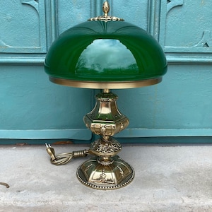 Richly Decorated Art Deco style lamp with gold look, polished brass lamp, green shade, desk lamp, office, night stand lamp