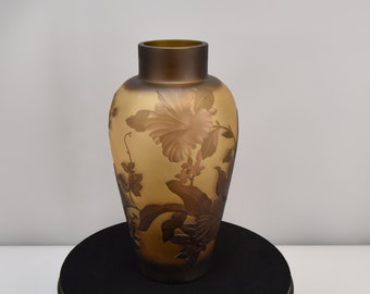 Amazing Emile Galle style Vase, Big Glass Vase with Hibiscus, Yellow and brown Glass Vase, Flower Vase, Wedding Gift Idea