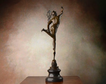 Limited Bronze! Large! Mercury Bronze Sculpture on Marble Base, Roman god of trade, profit and mercantile, Signed, Gift Idea, Elegant decor