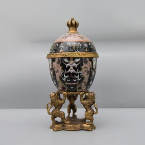 Porcelain Box with Lid, Faberge Egg Shape, Bronze Base with Lions Figurines and Ornaments, Elegant Wedding Gift, Home Decoration